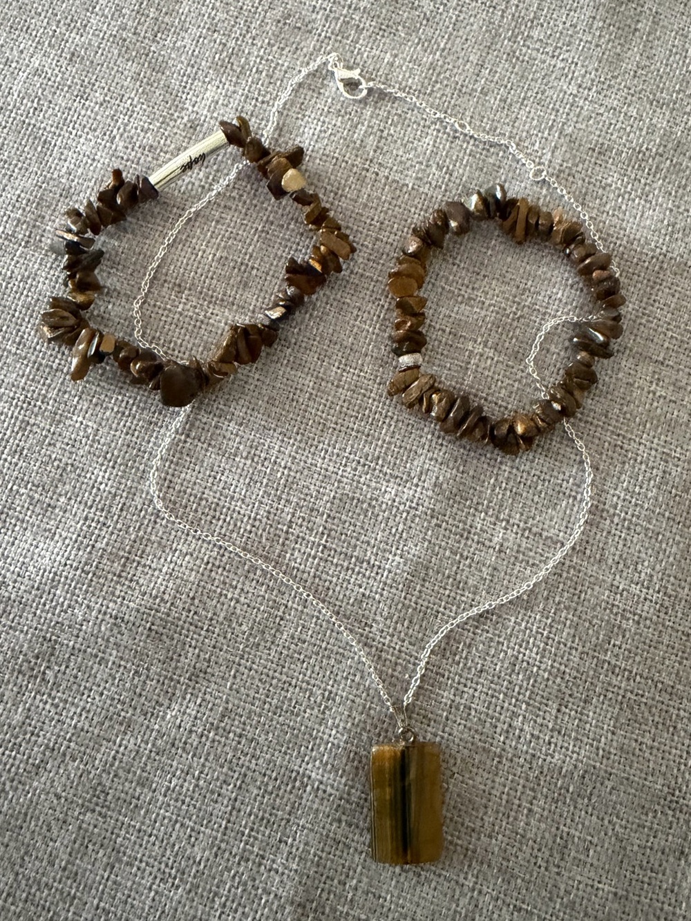 Tiger Eye Cylinder Pendant Necklace Silver Tone Chain Minimalist Natural Stone